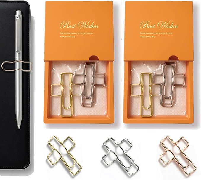 14-Pack Cross-Shaped Metal Pen Holder Clips with 2 Gift Boxes, Large Christian Faith Pen Clips for Journals, Bible Study, Planners & Church Gifts (Gold, Rose Gold, Silver)