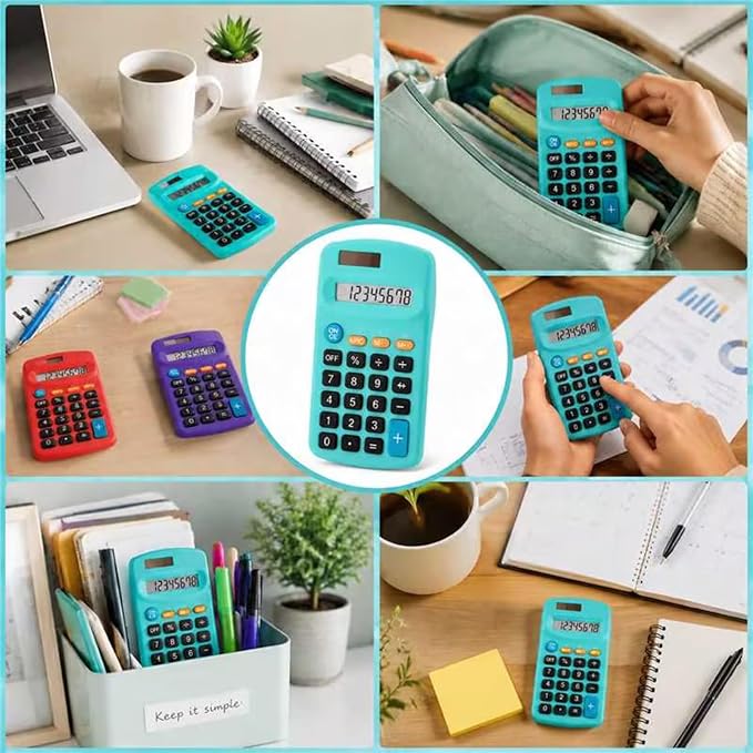 Weewooday 6 Pieces Small Basic Calculator Bulk 8 Digit Solar Battery Dual Power Mini Handheld Pocket Calculator for Classroom Kids Students Desktop School Office Home, 6 Colors