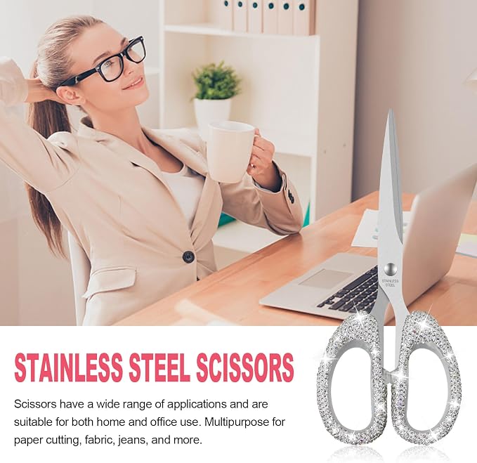 MultiBey 7.7" Rhinestone Cute Scissors, White | Cute Sparkly Rhinestone Scissors with Stainless Steel Blades | Aesthetic Craft Shears for Scrapbooking, Journaling & Office