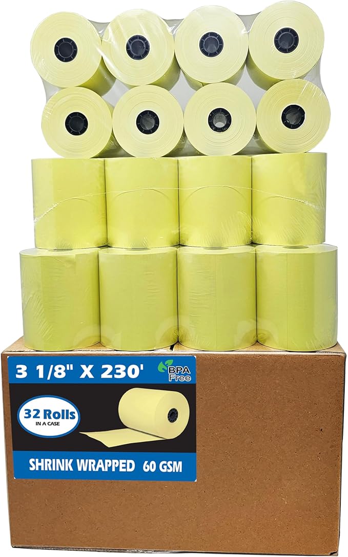 (32 Rolls) 3 1/8 x 230 Yellow Thermal Paper Receipt Rolls (55GSM Paper Thickness) fits all Clover POS Cash Register Printers from BuyRegisterRolls