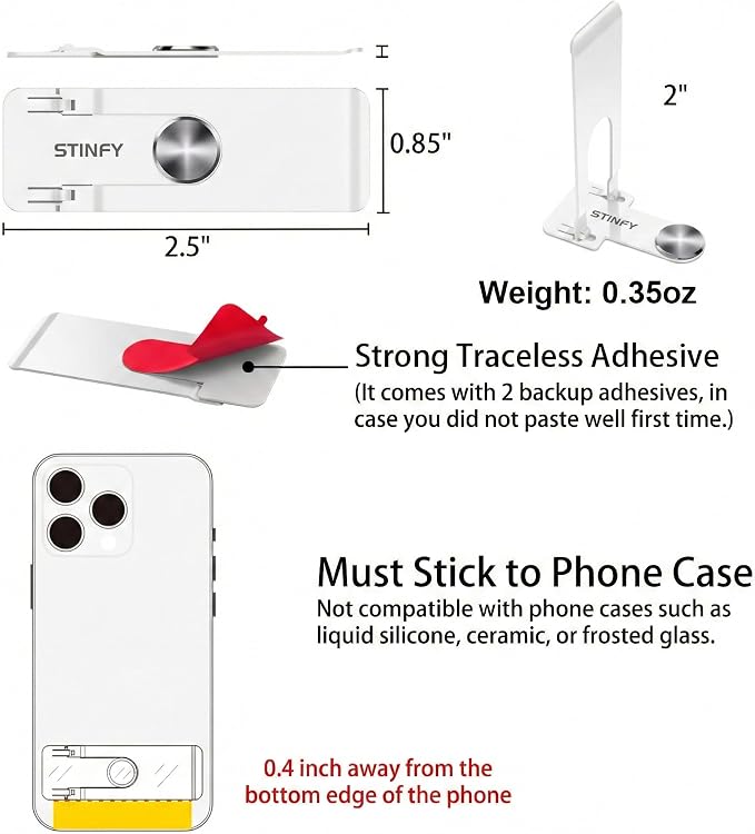 Phone Slim Stand Thin Kickstand for iPhone Phone Case (White 2-Pack) | Ultra Thin Vertical Horizontal Universal Steel Metal Stable Mount Attachable Pocket Friendly Phone Holder for Phone Case