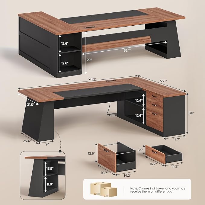 78.7" L Shaped Executive Desk with Power Outlets, Extra Large Office Desk with Drawers & File Cabinet, Modern Corner Computer Desk with Storage Shelves, Business Furniture, Walnut & Black