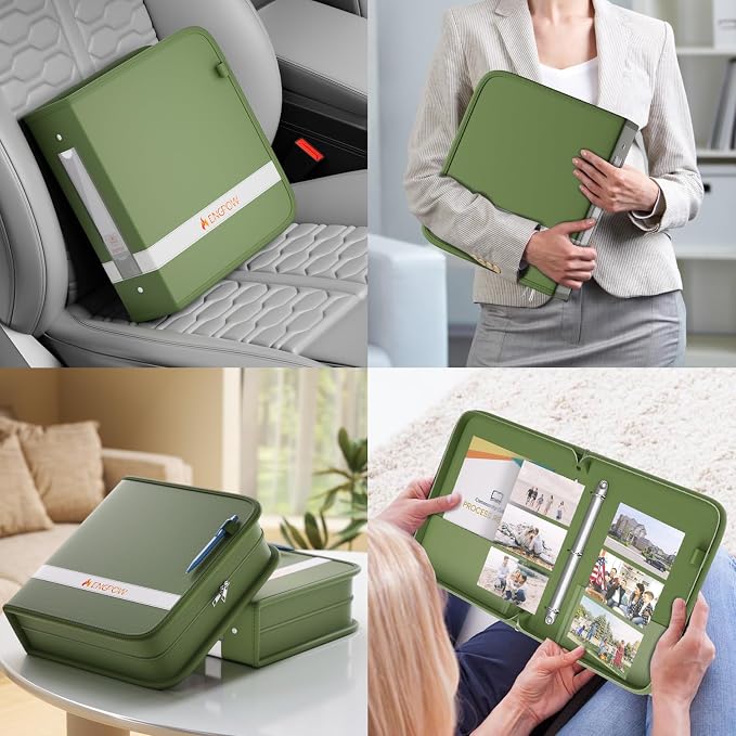 ENGPOW 3 Ring Binder,Fireproof 3" D Ring Organizer with Zipper & Pockets | Holds 750 Sheets,Non-Stick,PVC-Free,Compatible with Sheet Protectors,Durable School Office Home Safe Storage for Paper,Green