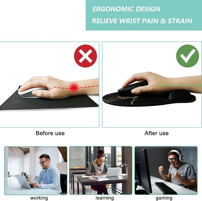 Mouse Pad with Wrist Support, Ergonomic Mouse Pad with Memory Foam Wrist Rest Cushion, Non-Slip Rubber Base Gaming Mice Pad for Home Office Computer Laptop, Black Golden Marble