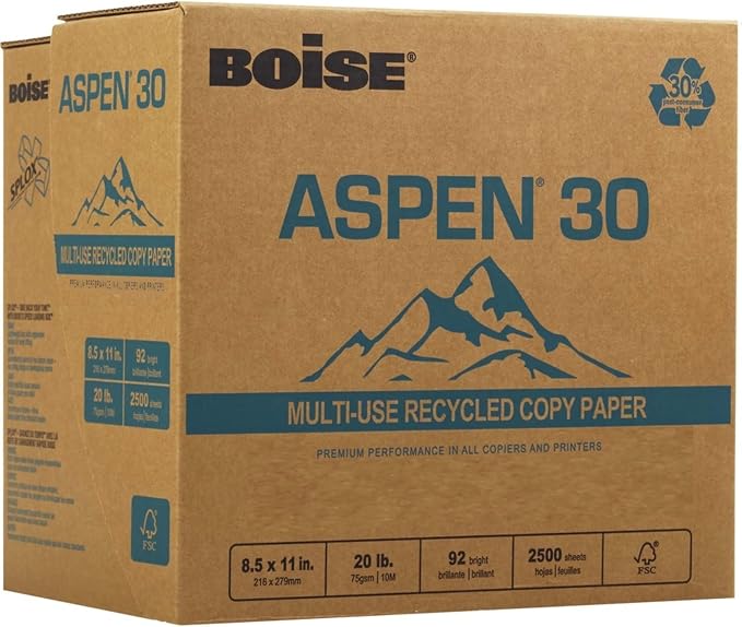BOISE ASPEN 30% Recycled Multi-Use Copy Paper, 8.5" x 11" Letter, SPLOX Speed Loading Reamless Easy Carry Box, 92 Bright White, 20 lb. (2,500 Sheets)