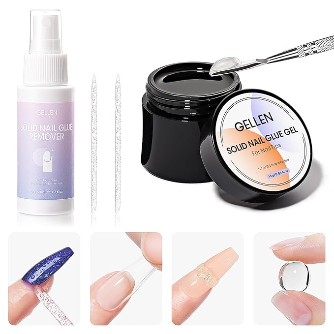 Gellen Solid Gel Nail Glue with 60ml Nail Glue Remover Set, 15g Solid Nail Gel for False Nail Tips & Press On Nails