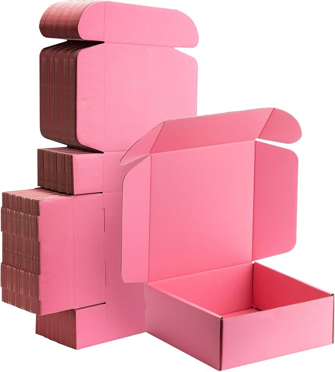10x10x3 inch Pink Shipping Boxes for Small Business- Set of 25 | Sturdy ECT 32 Corrugated Cardboard Mailer Boxes, Easy Assemble for Packaging, Mailing, Gift
