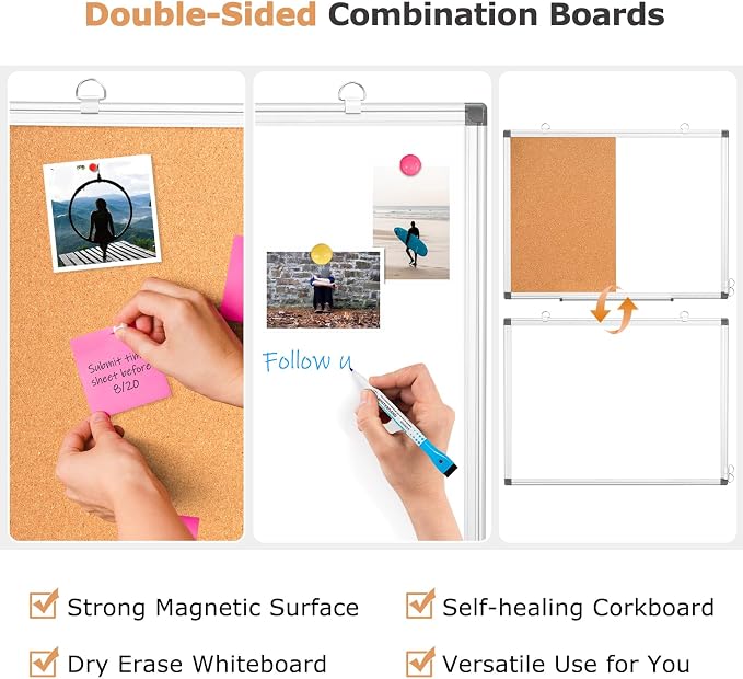 Magnetic Dry Erase White Board Cork Board Combo for Wall with Accessories | 36"x24" Vision Board Manifestation Whiteboard Corkboard Combination Aluminum Frame Home Office School Supplies ADHD Planner