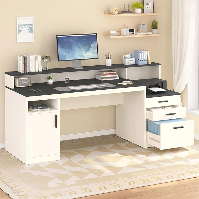 65" Computer Desk with 3 Drawers & Printer Shelf for Home Office | Office Desk with Printer Shelf & File Drawer, Executive Desk Writing Study Table with Monitor Stand, Black & White