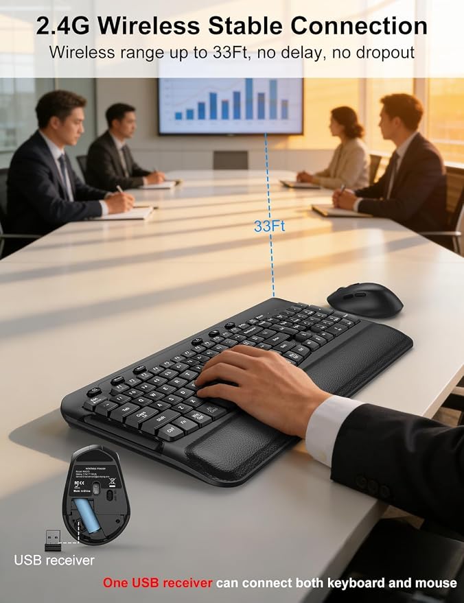 Wireless Keyboard and Mouse Combo, EDJO 2.4G Full-Sized Ergonomic Computer Keyboard with Wrist Rest and 3 Level DPI Adjustable Wireless Mouse for Windows, Mac OS Desktop/Laptop/PC, Carbon Black