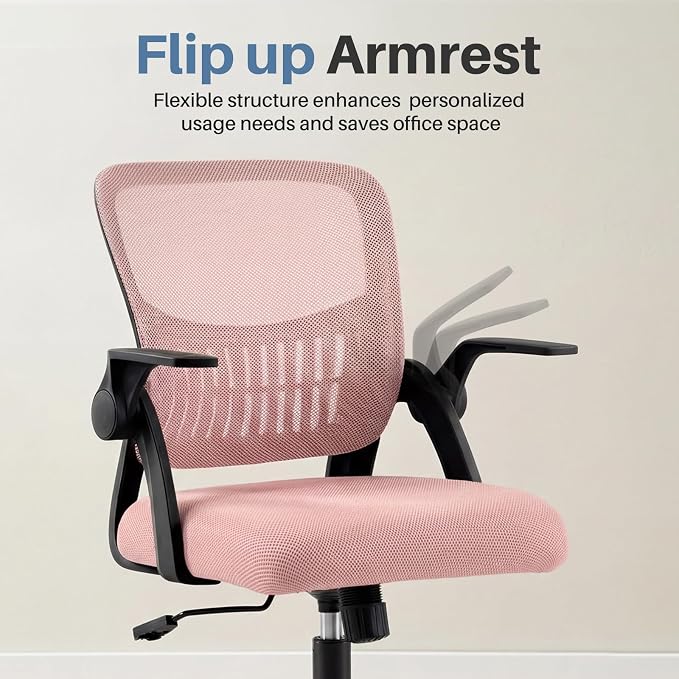 DUMOS Office Desk Chair, Lumbar Support Mesh Home Chair | Ergonomic Computer Mesh, Rocking Mode Flip-up Armrest, Height Adjustable 360 Swivel, Pink