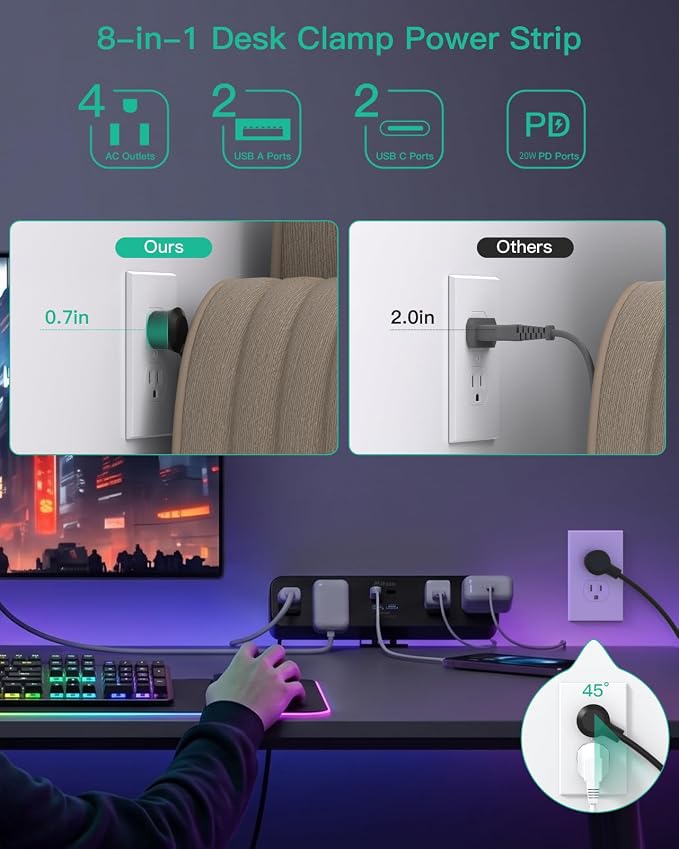 Mifaso PD20W USB C Desk Clamp Power Strip, 1080J Surge Protector | 4 Outlets, 4 USB (2 USBC), 5FT Extension Cord, Desk Organizer Gaming Accessories Office Essentials, Fits 1.96" Edge, Black