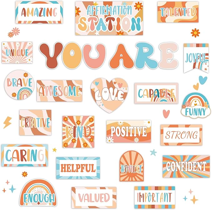 Groovy Affirmation Station Bulletin Board Set Classroom Decorations Boho Retro Hippie Motivational Posters Groovy You Are Positive Affirmation Cutout Hippie Inspirational Bulletin for Class Wall Decor