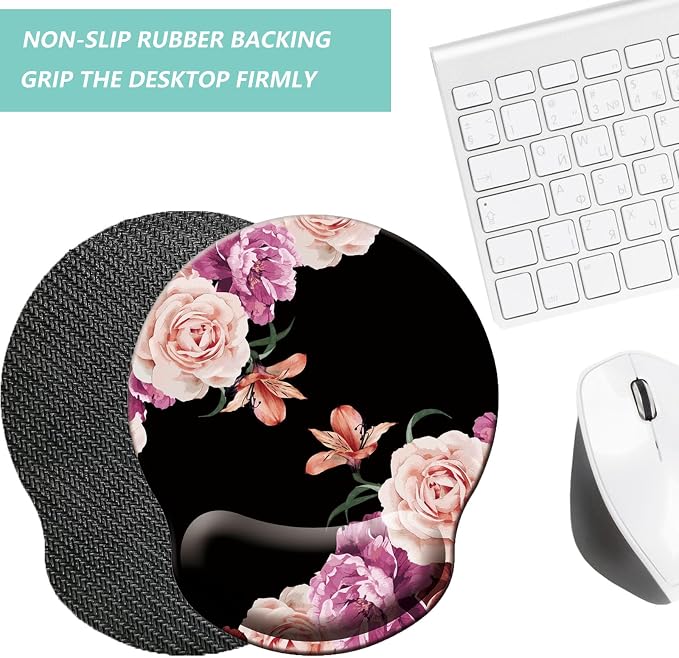 Mouse Pad with Wrist Support, Ergonomic Mouse Pad with Memory Foam Wrist Rest Cushion, Non-Slip Rubber Base Gaming Mice Pad for Home Office Computer Laptop, Flowers Pink