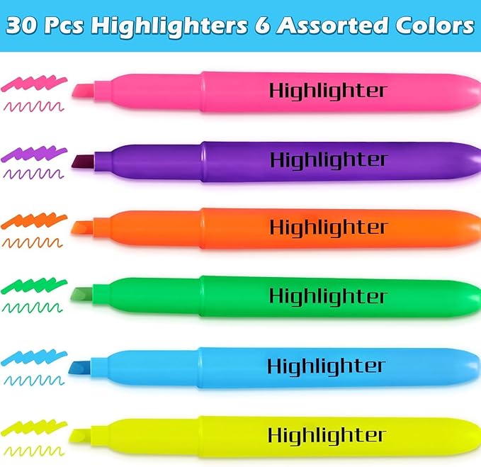 Jumlys 30 Pack Highlighters in 6 Assorted Colors, Bright With Soft Chisel Tips, No Bleed, Ideal for Office and School Supplies