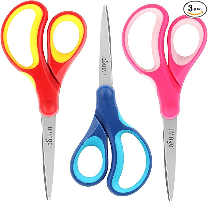 LIVINGO Kids Scissors for School 7" Pointed Tip 3 Pack | Sharp Stainless Steel Blade, Left Right Handed Design, Comfort Grip, Middle School Classroom Projects, Assorted Color