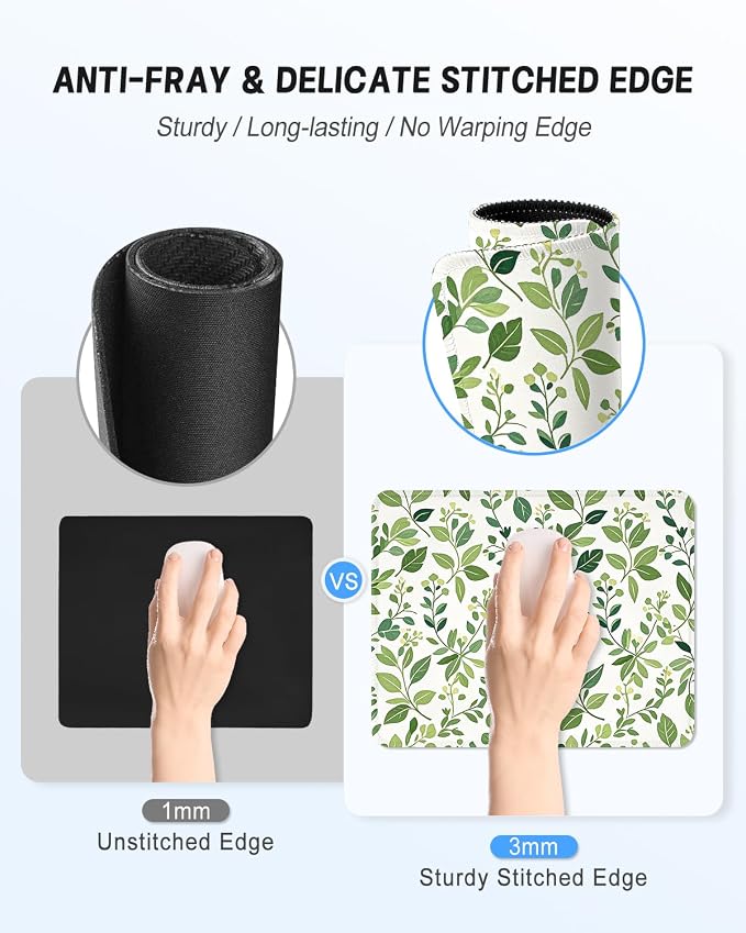 Mouse Pad, Cute Mouse Mat, 10" x 8", Cute Green Leaf -04 | Square Waterproof Gaming Computer Mat, Textured Top, Stitched Edges, Non-Slip Rubber Base for Office Home Laptop Keyboard