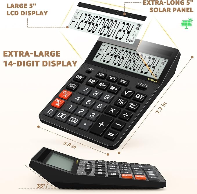 Calculators Desktop, 2026 Upgrade 14 Digit Large Size Calculator with 5-Inch LCD Display and Solar Power, Office Calculator for Desk (Black)