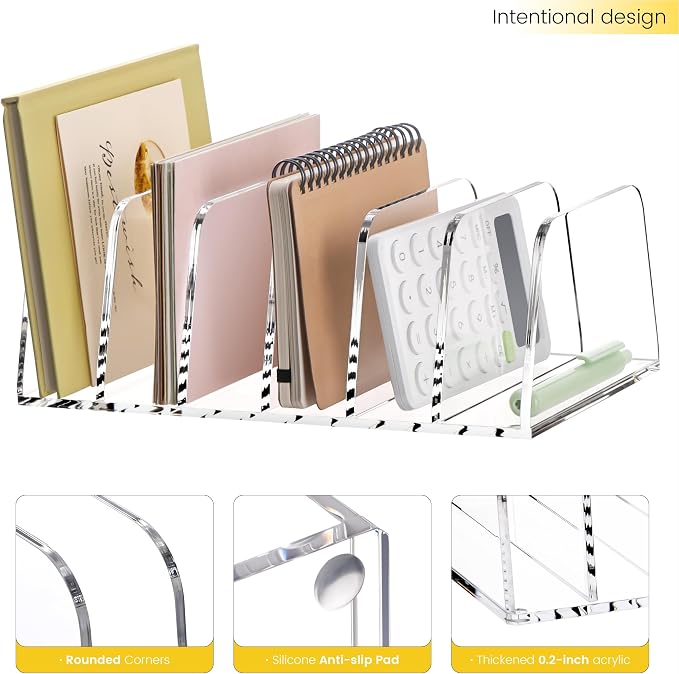 YUXUN Desk File Organizer,6-Section Acrylic Desk Organizer,Vertical File Sorter Holder Organization for Office School & Classroom (Clear - 1Pack)