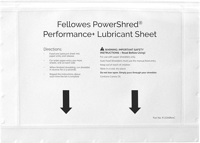 Fellowes Powershred Performance Paper Shredder Lubricant Sheets with Paper Shredder Oil Lubricant for Cross-Cut and Micro-Cut Paper Shredders, 6 x 8.50 x 0.031 Inch, 10-Pack