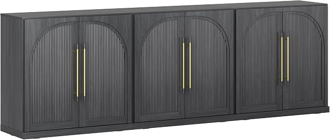 BELLEZE 3 Tier Bookshelf with Double-Arc Door, Set of 3 Modern Bookcase Shelf with Storage and Adjustable Shelves, 97'' Arched Buffet Wood Bookshelves for Living Room Office Entryway (Ebony)