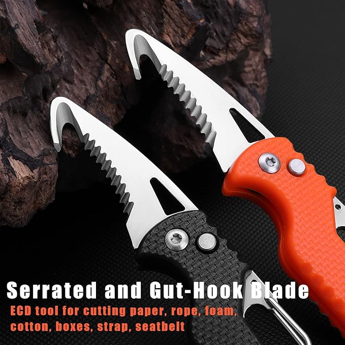2 Pack Safety Box Cutter, EDC Seat belt Cutter with 1.1inch Hook Blade, Retractable Package Opener for Wrap, Tape and Strap, Small Keychain Knife, Cool Gadgets for Women Men