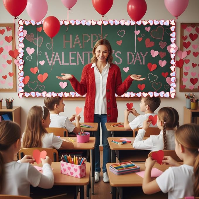 32.8 Ft Heart Bulletin Board Borders Iridescent Pastel Trim | Ideal for Classroom Office Decor, Valentine Mother's Day Parties, Spanish Themed Displays, Wedding Fiesta Events