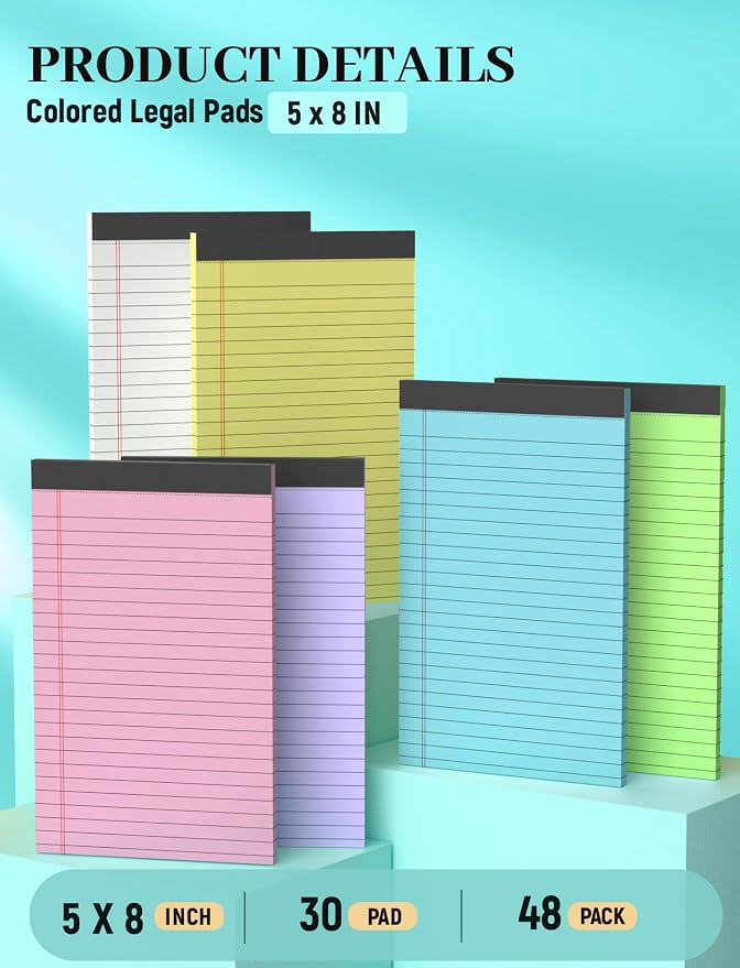 48 Pack Colored Note Pads 5x8, Pink Small Legal Pads 5x8 College Ruled | Small legal Notepads Easy Tear-off, Perforated Lined Writing Pads 5x8, 30 Sheets Colored Mini Legal Pads for Office, School