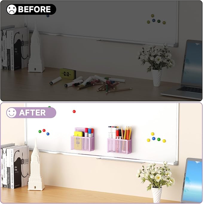 Marbrasse Magnetic Dry Erase Marker Holder, Mesh Pen Holder for Whiteboard，Magnet Pencil Organizer Storage for Refrigerator Locker Accessories Organizer for Home, School and Office(Purple)