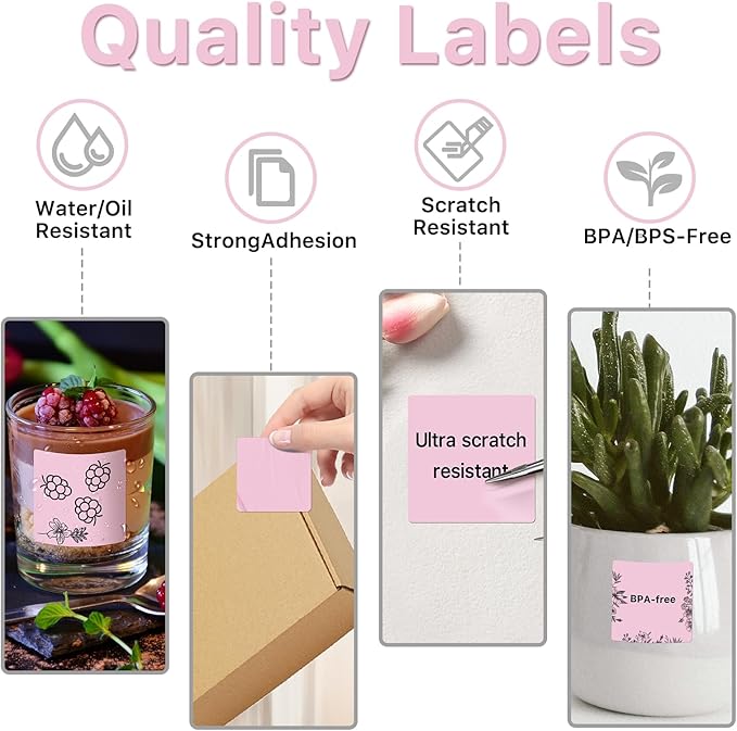 Square Thermal Label Stickers, 2"x2" (50.8mm x 50.8mm) Compatible with Multiple Thermal Printers Self-Adhesive Square Direct Strong Adhesive Thermal Labels, Pink, 500 Sheets/Roll