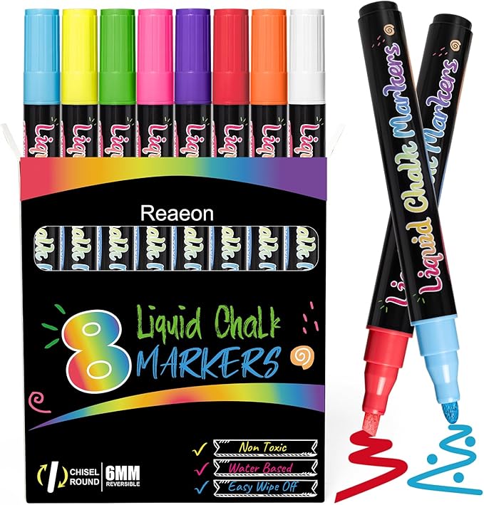 Reaeon Chalk Markers, Vibrant Color Liquid Chalk Pens, for Chalkboard, Blackboard, Window, Glass, Mirror, Water-Based, Non-Toxic, 6mm Reversible Tip, 8 Pack