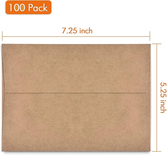 AZAZA 100 Pack A7 Brown Kraft Paper Invitation 5 x 7 Envelopes - Quick Self Seal For 5x7 Cards| Perfect for Weddings, Invitations, Baby Shower| Stationery For General, Office | 5.25 x 7.25 Inches