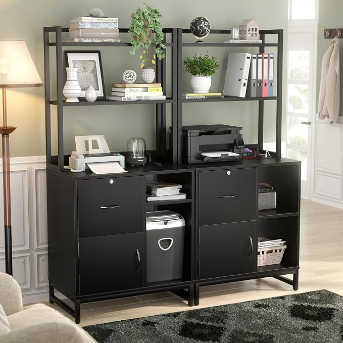 Vertical Filing Cabinet with Bookshelf for Home Office, Black | File Cabinet with Shelves, Lock & Charging Station, Drawer Office File Cabinets with Printer Stand, fits Letter Size