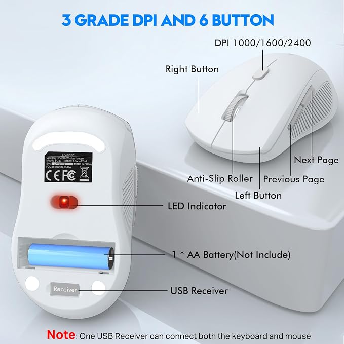 Wireless Keyboard and Mouse Combo, Full Size Ergonomic with Wrist Rest | 2.4GHz USB Receiver, 3 DPI Adjustable 6-Button Cordless Mouse for Computer, Laptop, PC, Windows