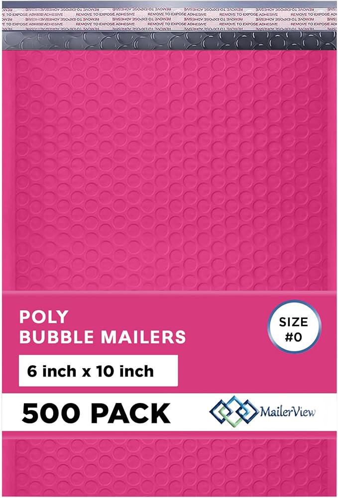 Hot Pink Bubble Mailers 6x10, Self Seal Poly Padded Envelopes #0, 500 Pack | Fits Cards, CDs & Small Items,No Tape Needed,Cushioned Protection,Water-Resistant Poly,Bulk Pack for Small Business