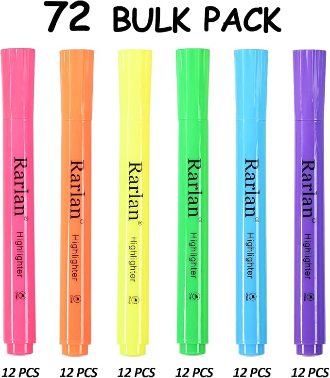 Rarlan Highlighters, Chisel Tip, Assorted Fluorescent, 72 Count Bulk Pack | Highlighters Assorted Colors for Classroom & Office, Study Essentials, Ideal for Back to School and Teacher Supplies