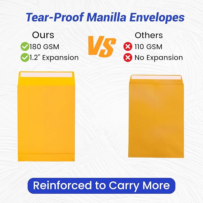 Goefun Manilla Envelopes 9x12, 180 GSM Heavyweight | Expanding, Self Seal, Catalog Envelopes, Home, Office, Business Mailing and Storing, Yellow, 25 Pack
