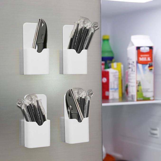 MoKo Magnetic Pen Holder, 4-Pack, Whiteboard Organizer, White | Magnetic dry erase marker holder set stores pens, pencils and small supplies on refrigerators, whiteboards and lockers.