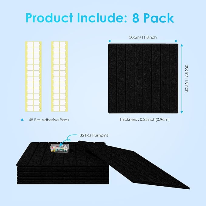Bulletin Board 47" X 24" Cork Boards for Wall Alternative 8 Pack Black Fine-Stripe Felt Bulletin Board 48 Safe Adhesive 35 Push Pins for Office School Home Room Decor