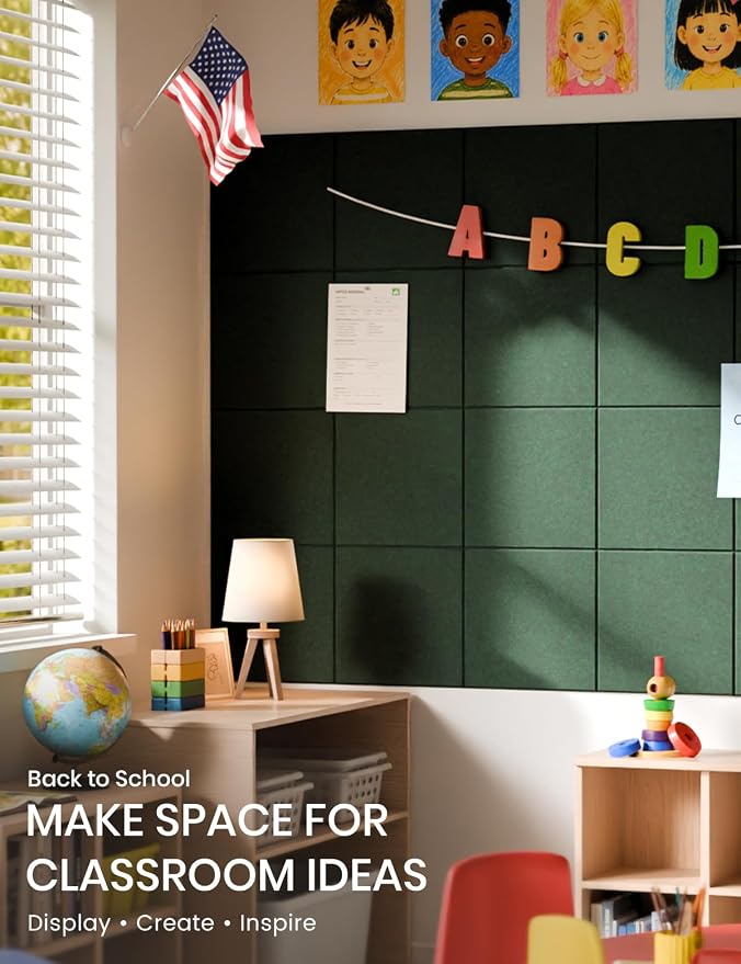 28" x 18" Felt Bulletin Board Tiles, Solid-Tile, Pine Green | 6-Pack Cork Board Alternative, 30 Adhesive Tabs, Push Pin Board, Wall Decor, Office, Home, Classroom, Dorm