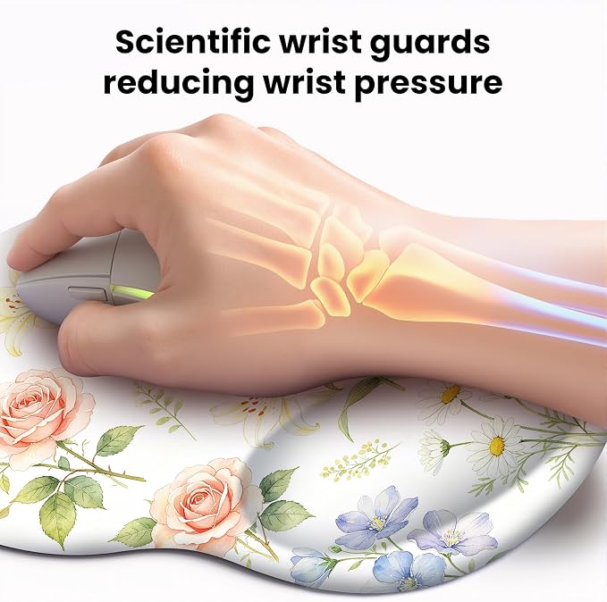 Mouse pad with Wrist Rest,Relieving Pain Memory Foam Computer pad, Ergonomic Desktop Mouse, Silicone Material Mouse pad, with Non-Slip PU Base (Flower)