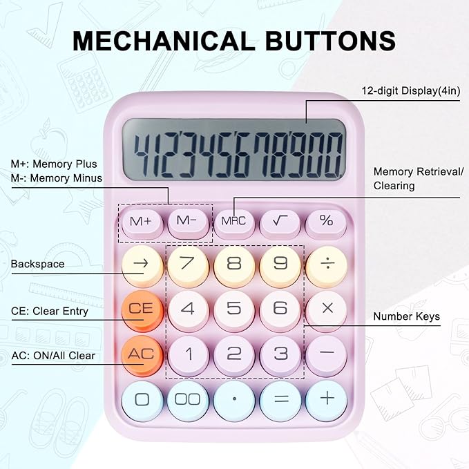 Mechanical Switch Calculator with Big Buttons, Calculators Desktop, 12 Digits, Large LCD Display, Desk Calculator, Cute Pink Calculators for Teachers Students Basic Office (Purple)