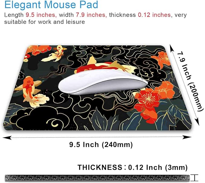Japanese Koi Mouse Pad, Black Gold Gaming Mouse Pad, Anime Mousepad with Non-Slip Rubber Base, Computer Mouse Mat Office Accessories Decor Gift, 9.5 x 7.9 Inch