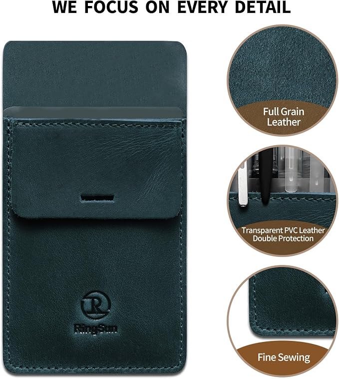 Pocket Protector for Men, Full Grain Leather Pen Protect Holder for Heavy Duty Shirts, Lab Coats, Holds Pens, Pointers, Cards, Hold 8 Pens and Pencils, Blue