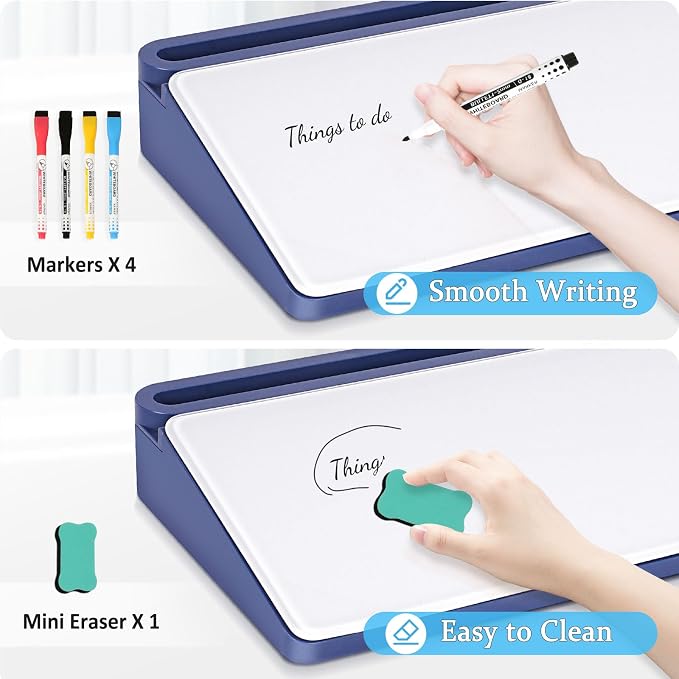 DOLLAR BOSS Glass Desk Whiteboard Small Dry Erase Board, Blue | Desktop White Board with Storage Drawer, Computer Keyboard Stand, Desk Organizer, Office Supplies, With Markers, Eraser