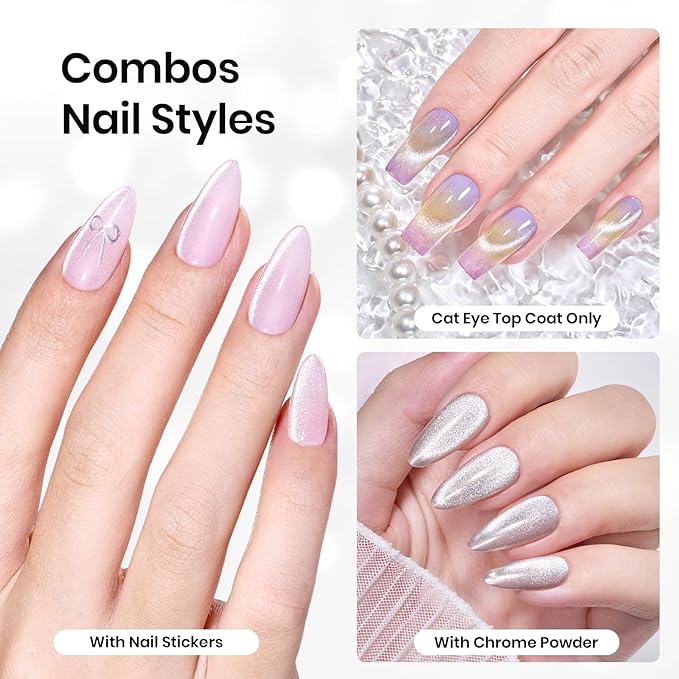 Beetles Cat Eye Gel Top Coat，2 in 1 Top Coat Gel Nail Polish & Cat Eye Magnetic Effect No Wipe - Shine Finish and Long Lasting, Soak Off LED Nail Lamp Nail Art Design Manicure Diy at Home