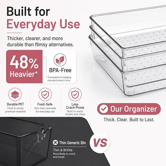 8 Pack Large Clear Plastic Drawer Organizer Bins - Acrylic Bathroom Drawer Organizer Trays - Heavy Duty Kitchen Drawer Dividers for Utensils - Non-Slip Storage Bins for Makeup, Bedroom, Office Desk