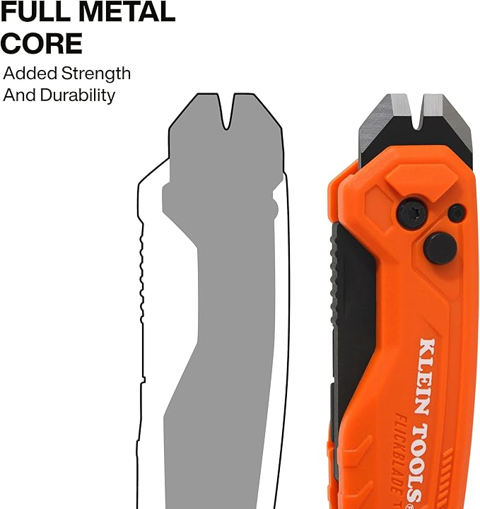 Klein Tools 44309 Pry Bar Knife, 2-in-1 FLICKBLADE Utility Knife with Built-In Pry Bar, Dual Locking Positions at 135-Degree and 180-Degree, Full Metal Core
