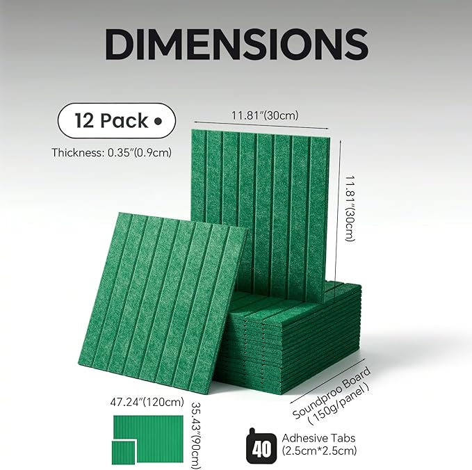 Large Felt Bulletin Board Cork Board Alternative with Safe Removable Adhesive Tabs, Wall Bulletin Board for Home Office Classroom Pin Board (Gemstone Green, Fine-Stripe 12-Pack)