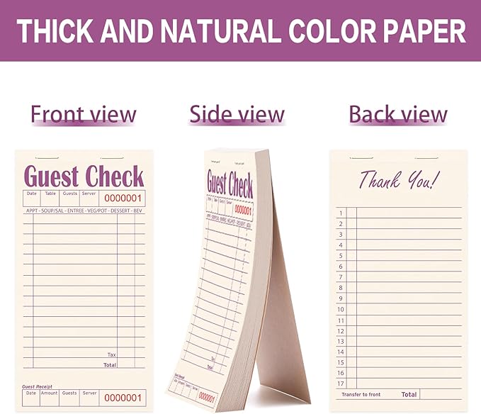 Guest Checks Books for Servers, Server Note Pads, 6 Pack, Natural Color Paper, Waitress Notepad for Restaurants, Waitress Accessories, 300 Sheets, Purple